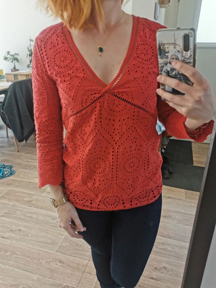 Blouse broderie anglaise rouge orangé Sezane taille 36
