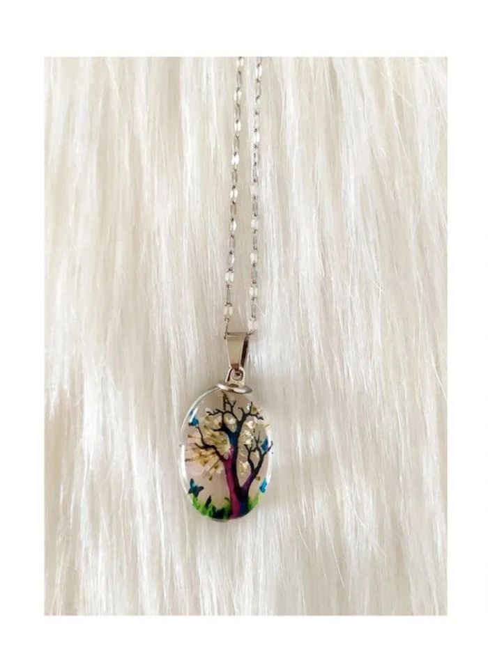 Collier arbre fleurs séchées résine verre chaîne acier inoxydable style nature bohème - photo numéro 2
