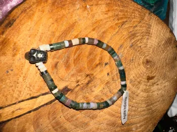 Bracelet homme réglable perles agate indienne tête de mort acier inoxydable argenté