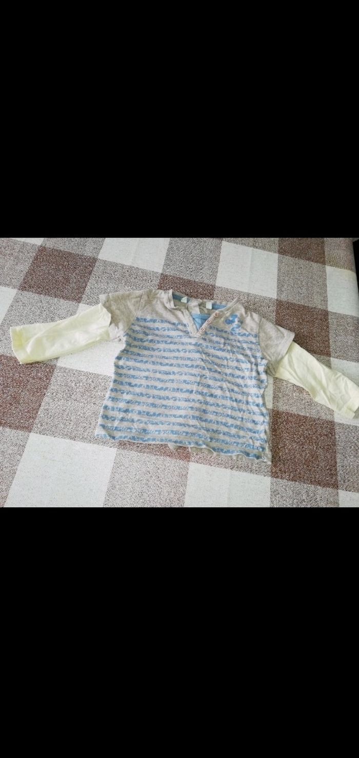 Tee shirt 12 mois manches longues rayé bleu/beige Disney Mickey