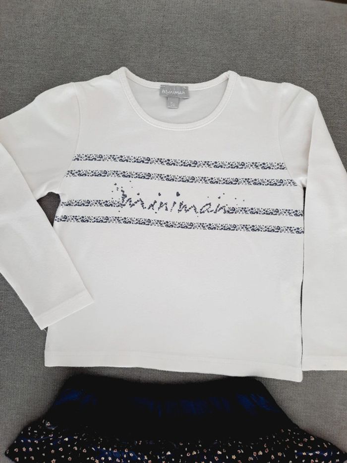 Ensemble Miniman 4 ans t-shirt manches longues blanc et jupe à volants bleu marine - photo numéro 2