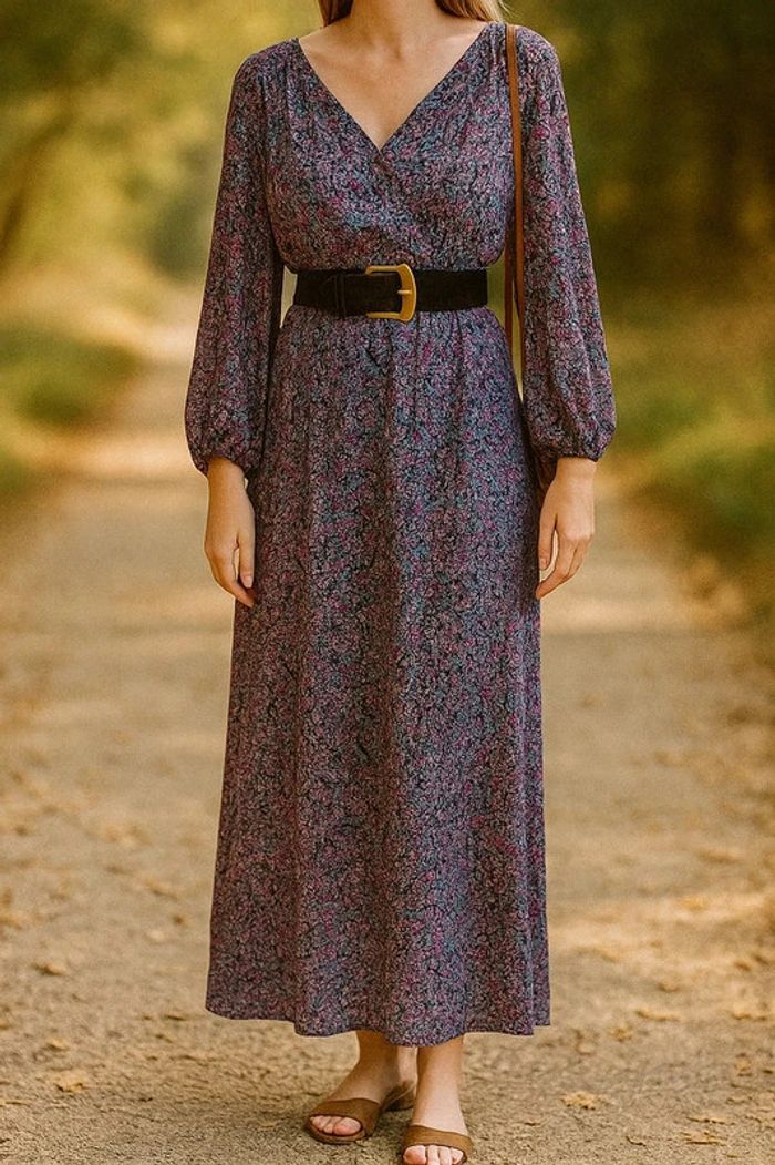 Robe longue violette à motif fleurs manches longues Grain de Malice taille 42 - photo numéro 2