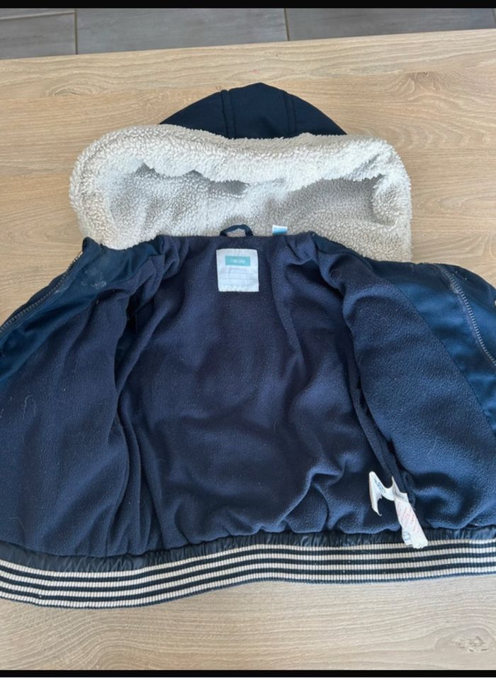 Manteau + bonnet okaidi doublé sherpa bleu bébé garçon 18 mois - photo numéro 3