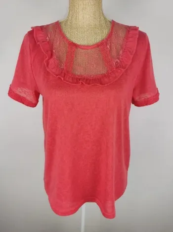 Blouse manches courtes corail et dentelles ajourée taille M Grace & Mila