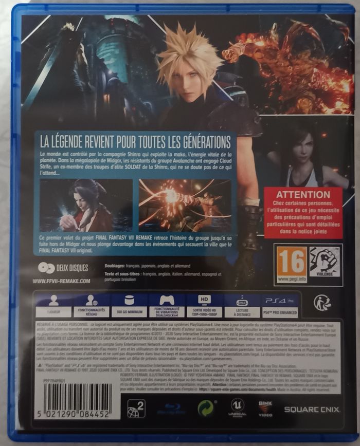 Final Fantasy VII Remake PS4 PAL FR Sony PlayStation 4 FF7, notice incluse - photo numéro 2