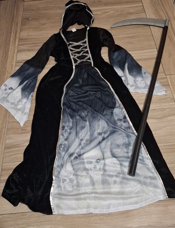 Déguisement fille enfant fête Halloween maléfique peur squelette faucheuse noir