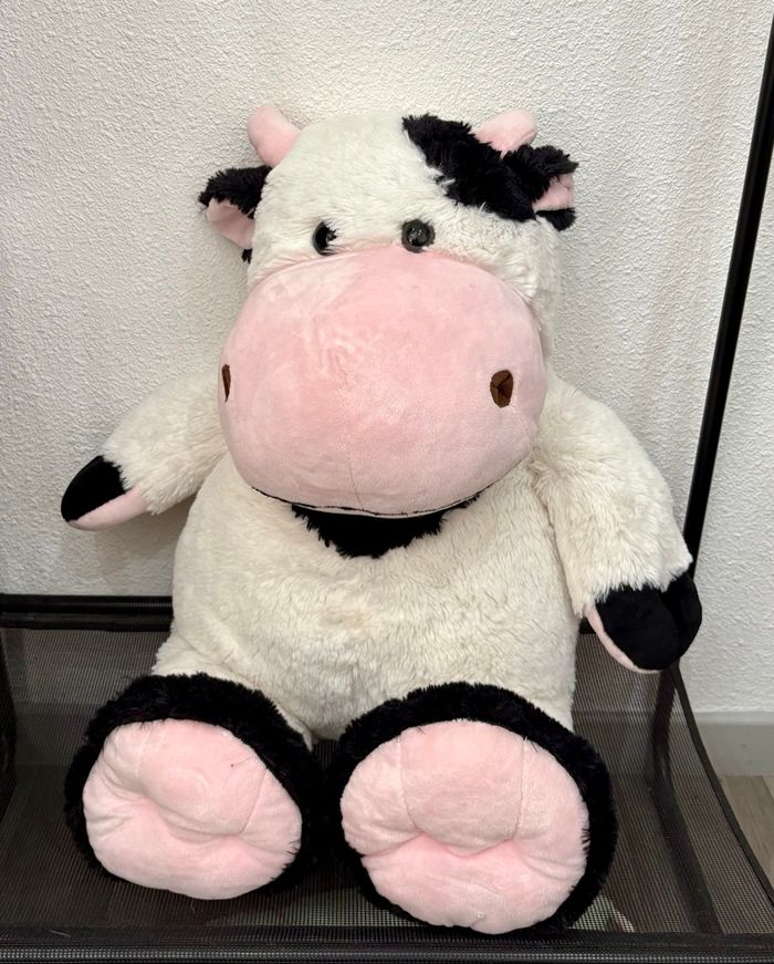 Grande peluche vache blanche, noire et rose