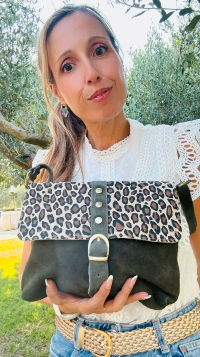 Sac cuir vert foncé et léopard - photo numéro 2