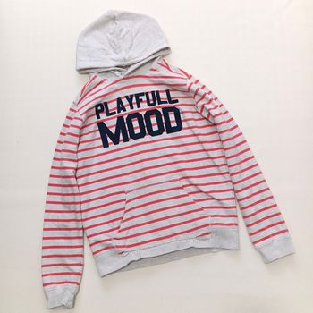 Sweat a Capuche Okaïdi Gris Clair a Rayures. Taille 14 ans 164 cms. 100% coton