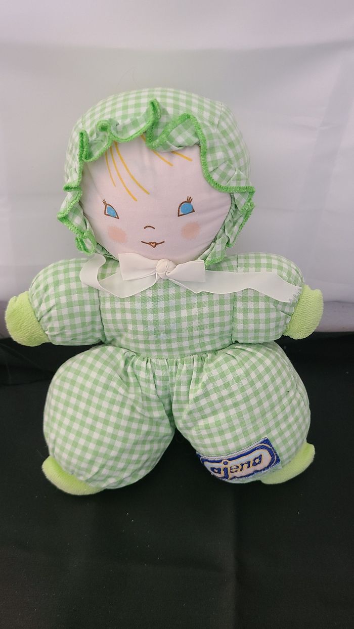 Doudou Poupée vintage Ajena - Vichy vert - grelot