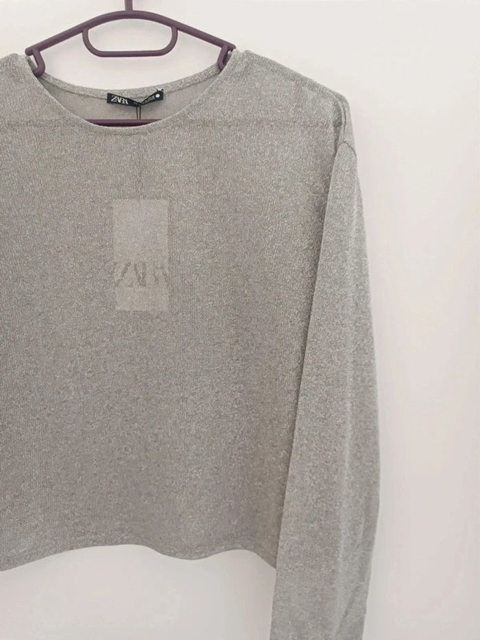 Haut transparent tissé léger gris brillant lurex argenté Taille S Zara Neuf avec étiquette