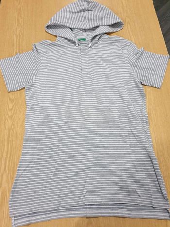 Tshirt/sweat long à capuche femme Benetton M long 70cm gris clair rayé blanc