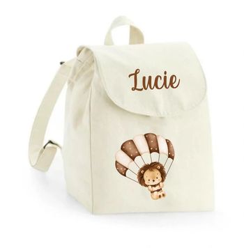 Sac à dos maternelle personnalisé prénom - Lion parachute - Sac crèche 100% coton bio - Rentrée enfant garçon ou fille