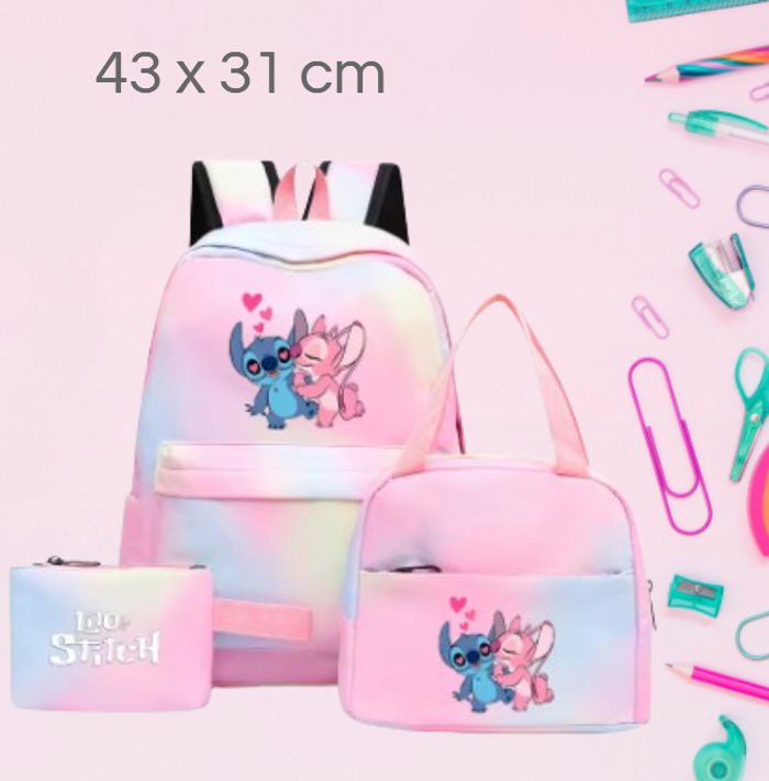 🌸 Ensemble scolaire Sac à Dos, Lunchbox et Trousse Stitch & Angel rose pastel
