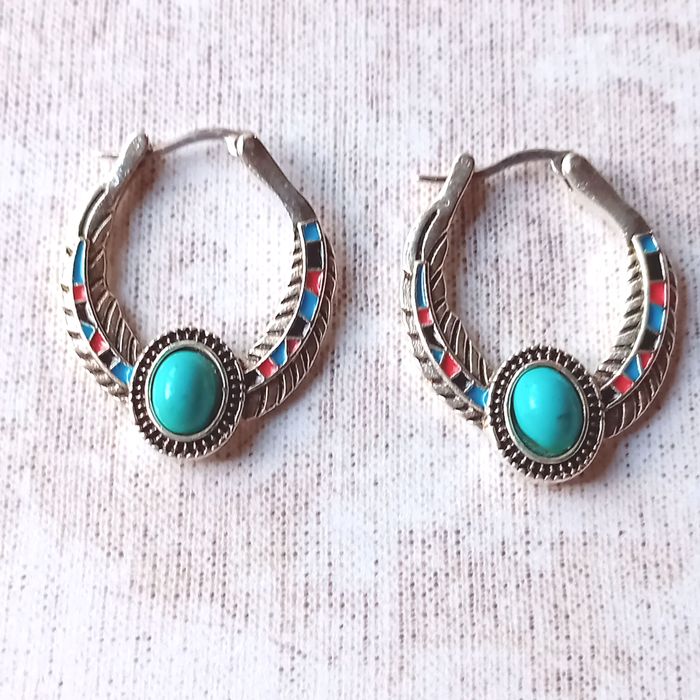 créoles argentées imitation turquoise - photo numéro 2