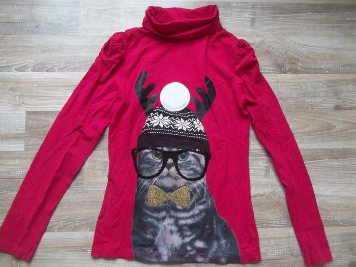 Sous-pull rouge chat de Noël Here+There 158/164 cm