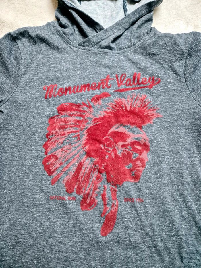 Pull à capuche gris et bordeaux dessin indien orchestra garcon taille 14 ans - photo numéro 2