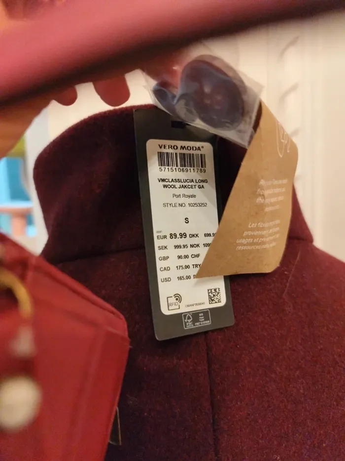 Manteau long laine mélangée Véro Moda bordeaux S - photo numéro 3