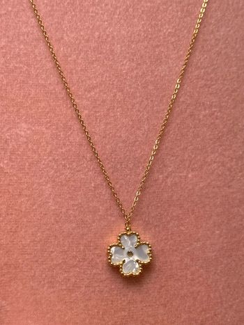 Collier chaîne réglable acier inoxydable or trèfle nacré blanc