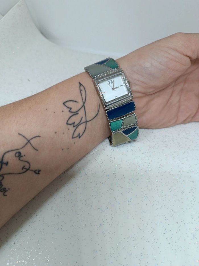 Montre art déco vintage argenté élastique émaillé émaille vert bleu émeraude dpr ldadpr watch quartz - photo numéro 2