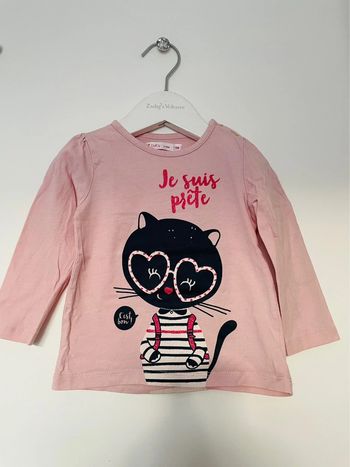 Tee shirt manche longue fille rose chat 18 mois
