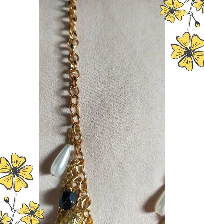 Collier chaîne dorée à pampilles noires & perles nacrées - photo numéro 9
