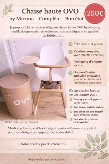 Chaise haute OVO by Micuna – Complète – Bon 