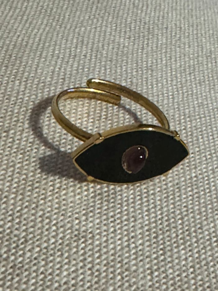 Bague en forme d’œil réglable résine noire perle goutte rise acier inoxydable or - photo numéro 4