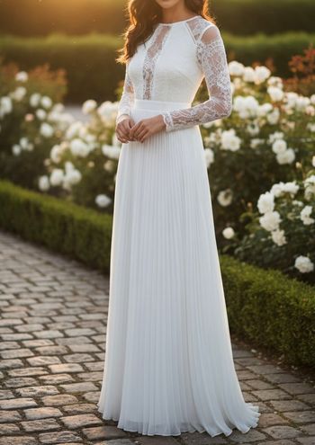 Robe blanche style bohème / mariage civil – dentelle & jupe plissée