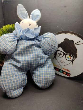 doudou peluche ancien vintage lapin grelot blanc bleu carreaux vichy Collerette 
