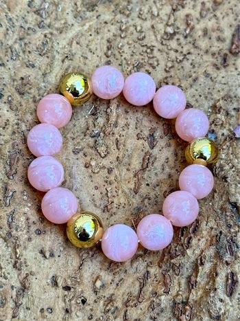 Bracelet élastiques grosses boules  rosées et or