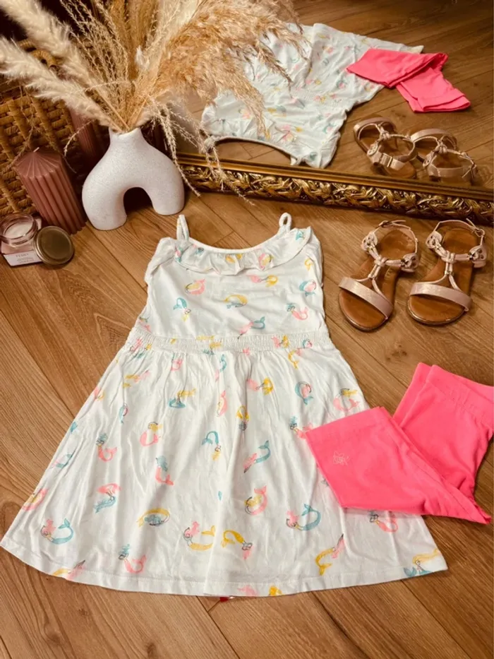 Taille 6 ans robe et legging été fille Orchestra Kiabi blanc rose fluo * sirènes * 🌷