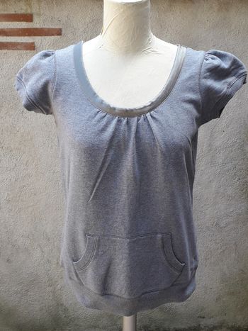 Sweat manches courtes coton gris, encolure satinée