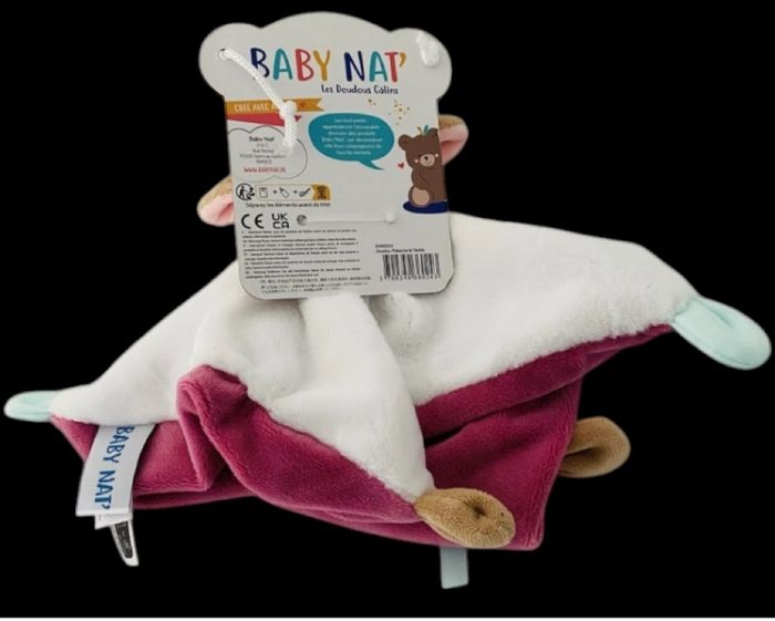 ❤️B4590 Doudou Plat Mouchoir BABY NAT' Babynat Vache  Blanc Rose Pistache - photo numéro 3