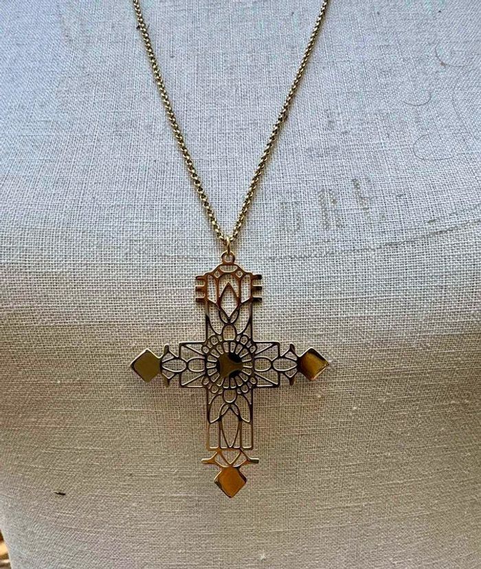 Sautoir long réglable acier inoxydable or croix xl y travaillée - photo numéro 2