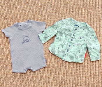 Lot 1 mois combinaison P'tit Bisou chemise Kiabi paresseux