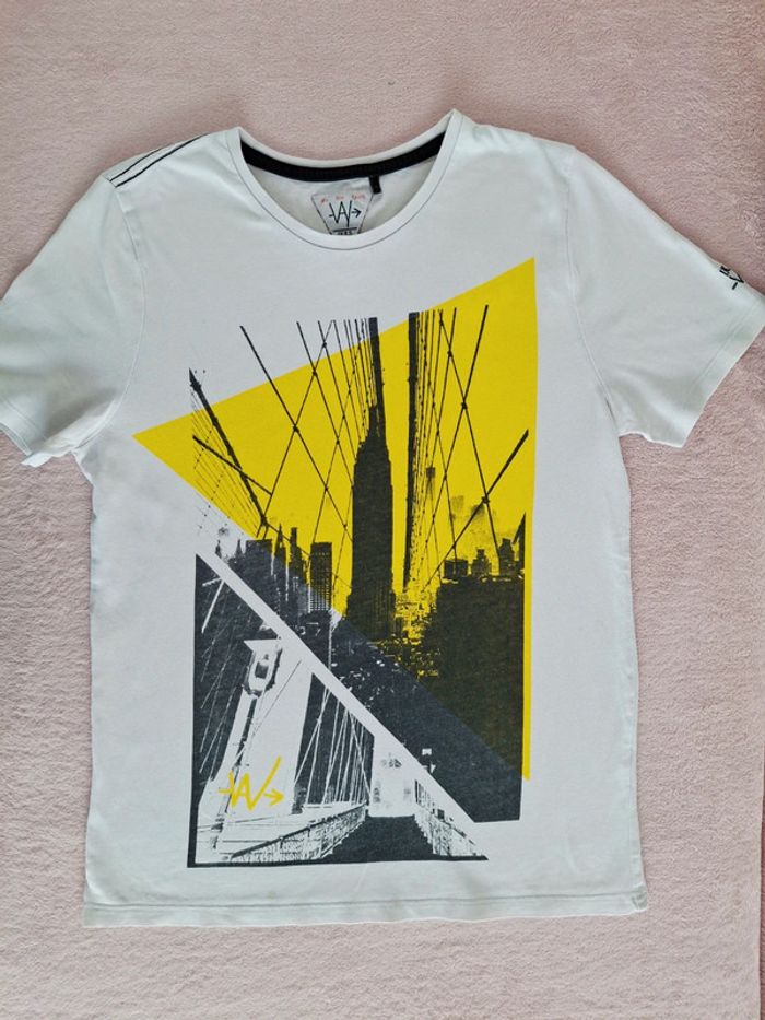 T-shirt manches courtes IKKS 12 ans blanc motif noir et jaunne