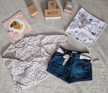 Ensemble Obaïbi mi-saison : blouse légère + short en jean 9M (BE)