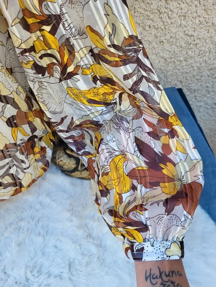 Blouse voile élégante fleuri ivoire moutarde marron riu taille 44 - photo numéro 6