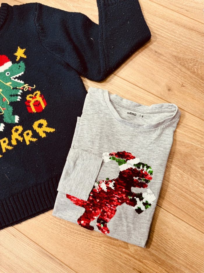 Taille 8 ans pull et teeshirt Noël garçon Inextenso Gemo bleu gris * dinosaures * 🎄 - photo numéro 4