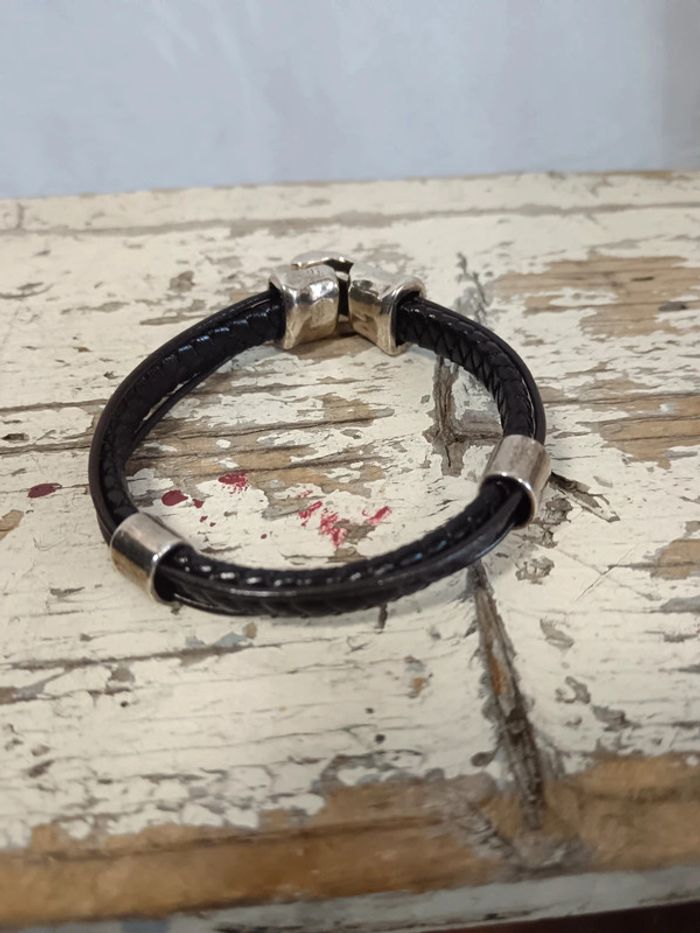 Bracelet homme cuir noir plaqué argent | Uno de 50 - photo numéro 4