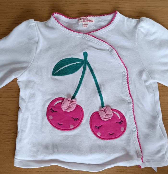 Gilet Du Pareil Au Même blanc avec cerises brodées 24 mois 86 cm fille - photo numéro 3