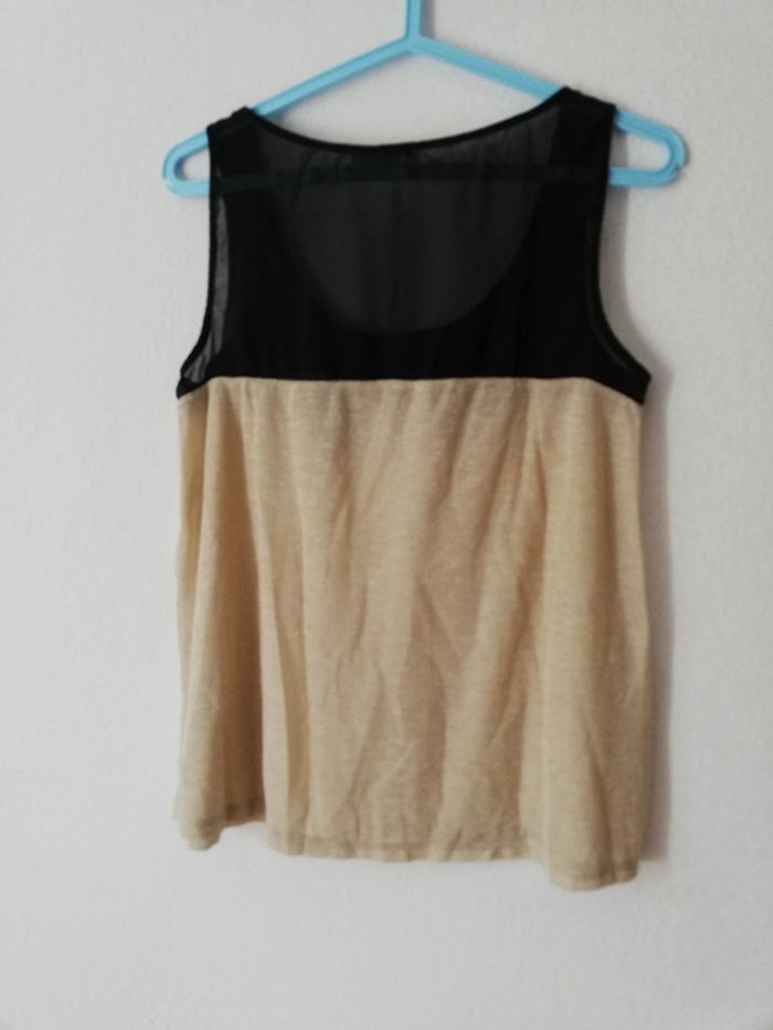 Top t. M Etam. Voile noir et tissu beige irisé. - photo numéro 2