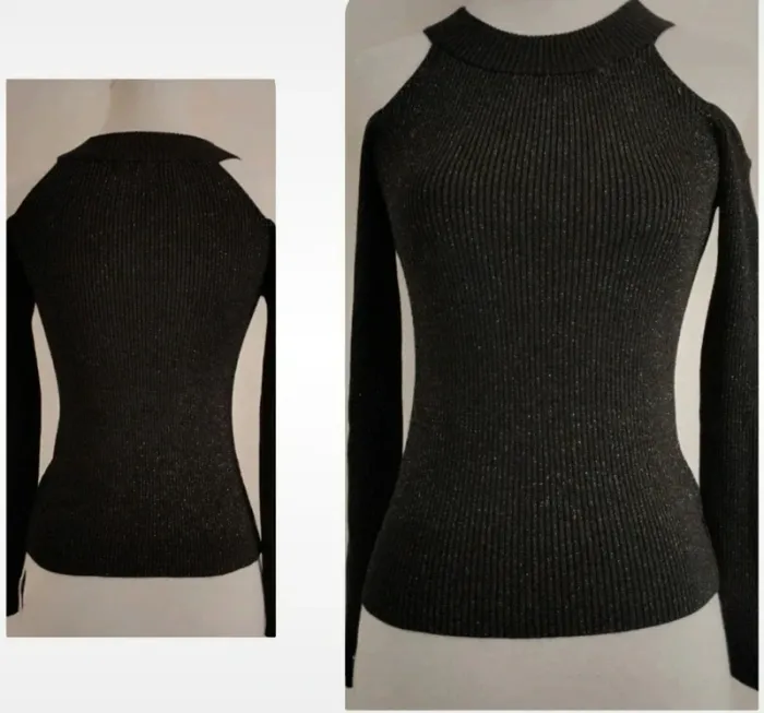 Magnifique pull noir pailleté argenté épaules dénudées Vintage dressing taille 10 ans