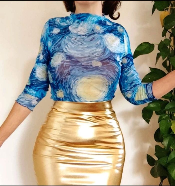 Haut à manches longues semi transparent motif van Gogh original artistique soirée techno rave