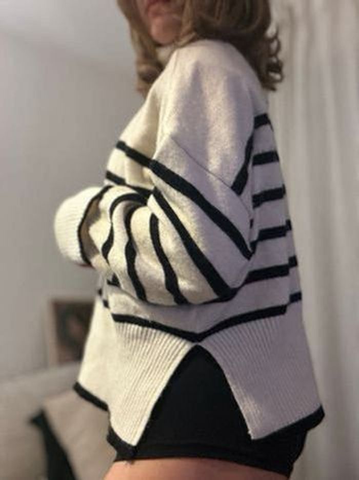 Pull col roulé rayé blanc cassé et noir Bershka - photo numéro 6
