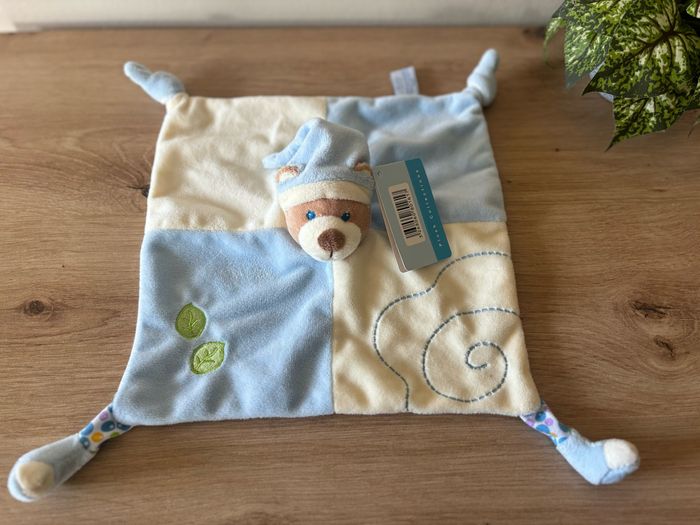 Doudou plat ours bleu blanc feuille verte gipsy neuf