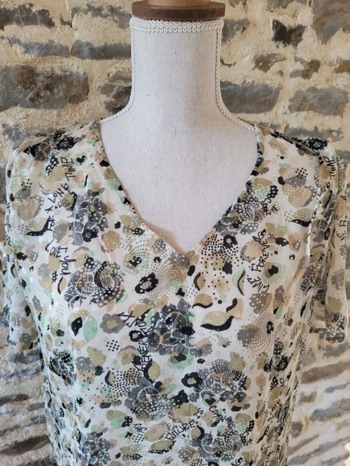 Blouse manches courtes à motifs écrue beige kaki IKKS Taille 42 - photo numéro 2