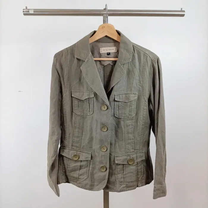 Veste saharienne kaki Mat de Misaine T44 coton lin style casual chic safari été A1531