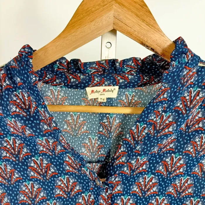Blouse bohème à motif fleuri bleu et orange - col volanté - Melya Melody T4 A1315 - photo numéro 6